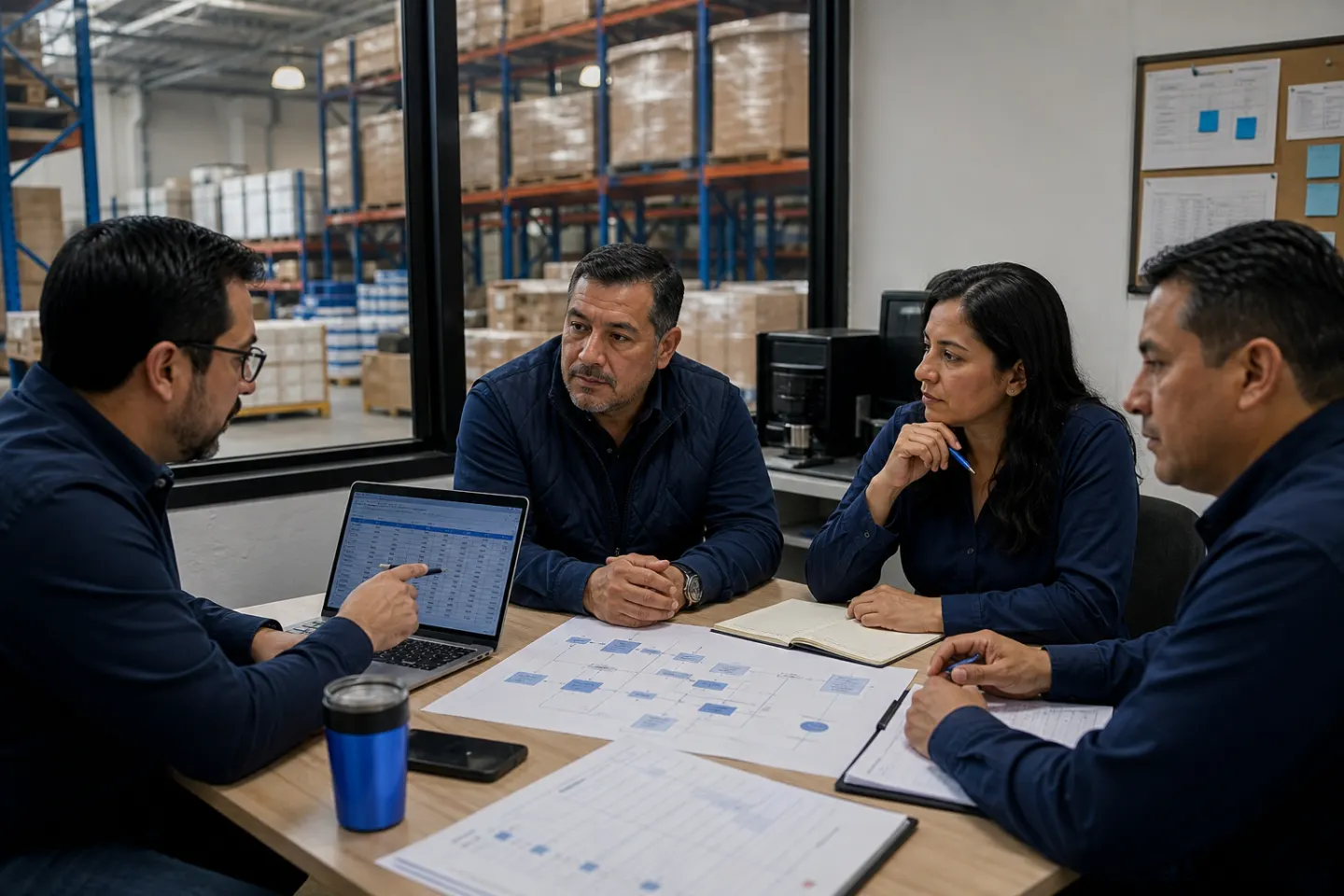 Equipo de operaciones de una empresa mexicana revisando una hoja de cálculo y el mapa del proceso que van a conectar.