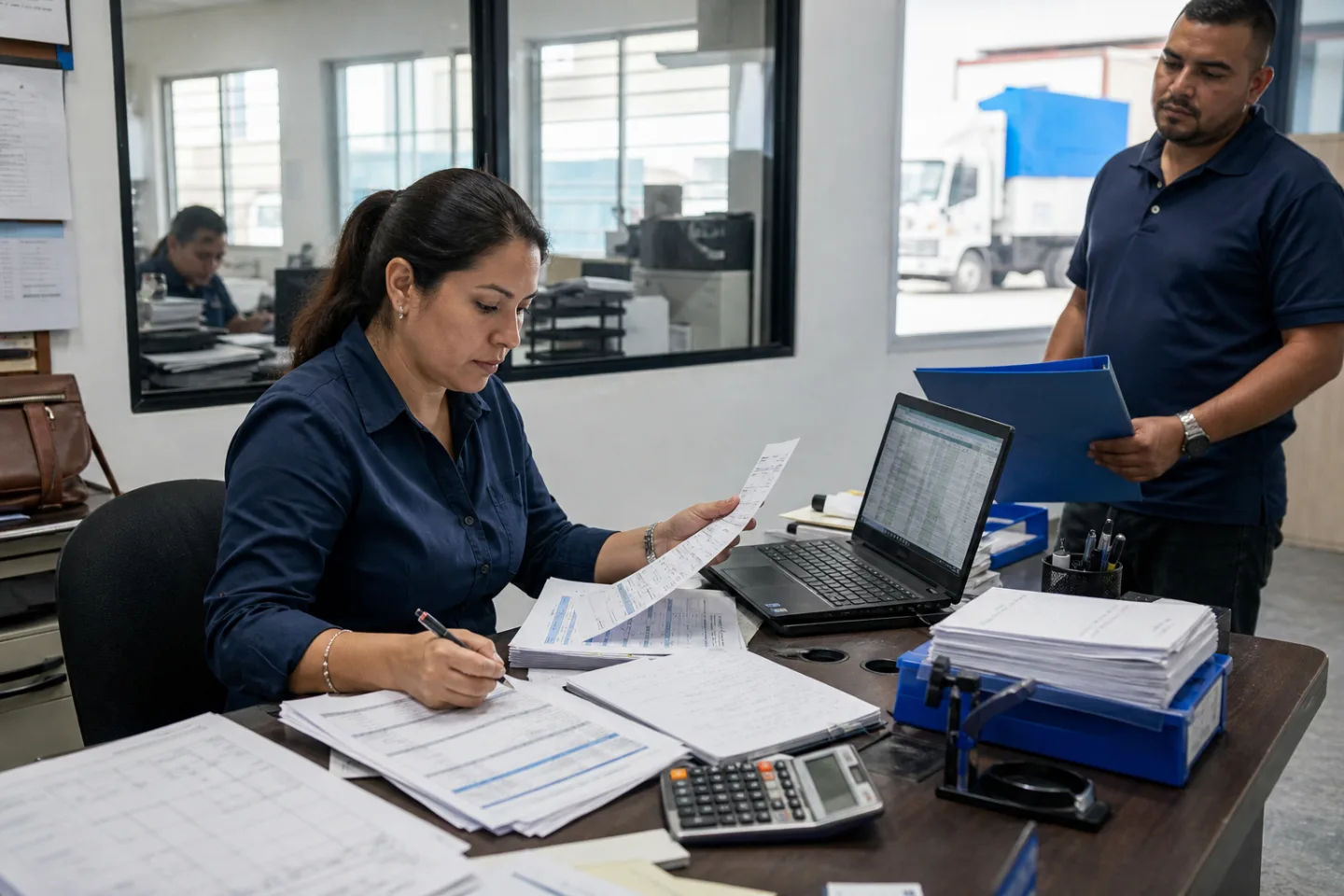 Coordinadora de operaciones conciliando una hoja de cálculo con formularios y documentos impresos.