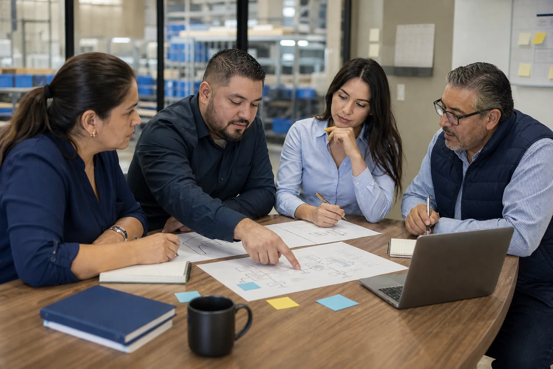 Equipo de una empresa revisando en conjunto un diagrama de su proceso operativo.
