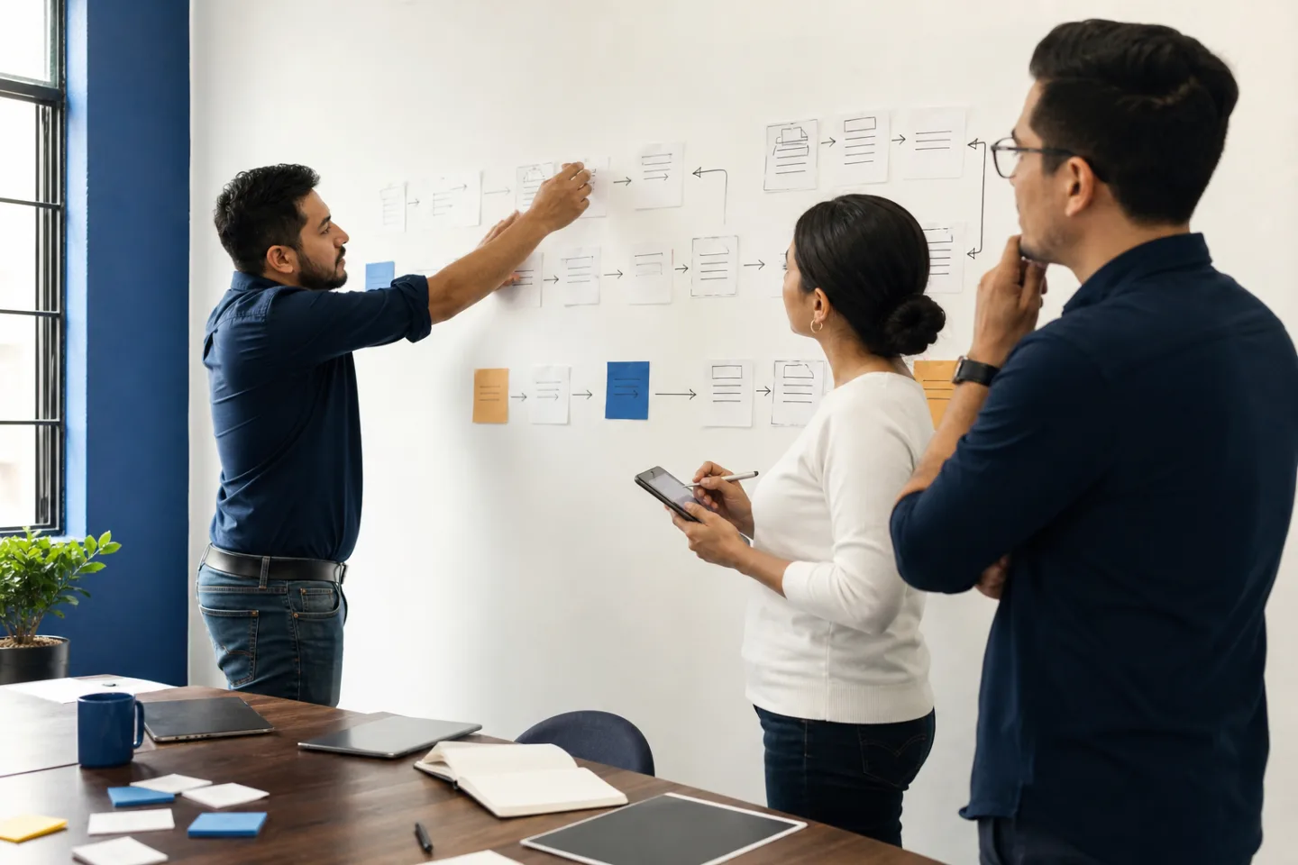 Equipo simplificando un mapa de proceso para elegir la solución tecnológica de menor complejidad.