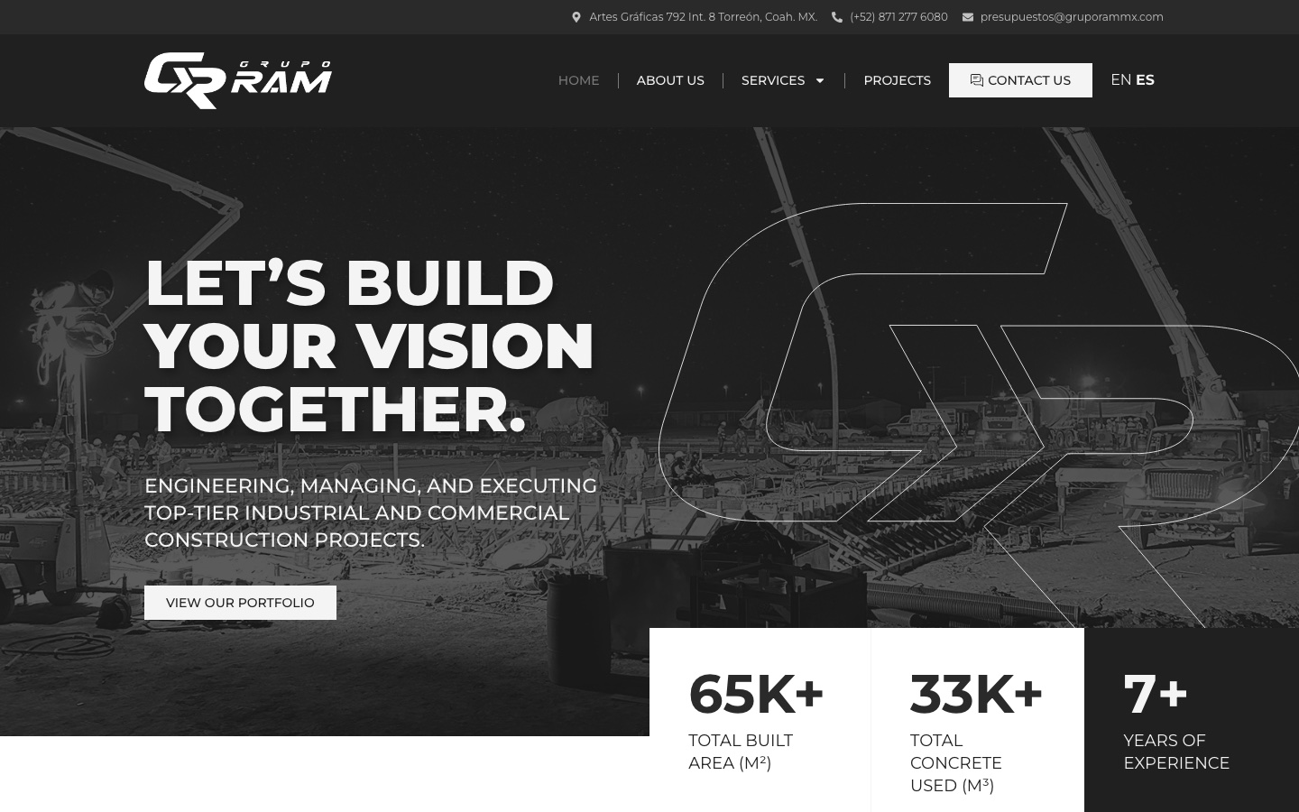 Captura real del sitio web de Grupo RAM