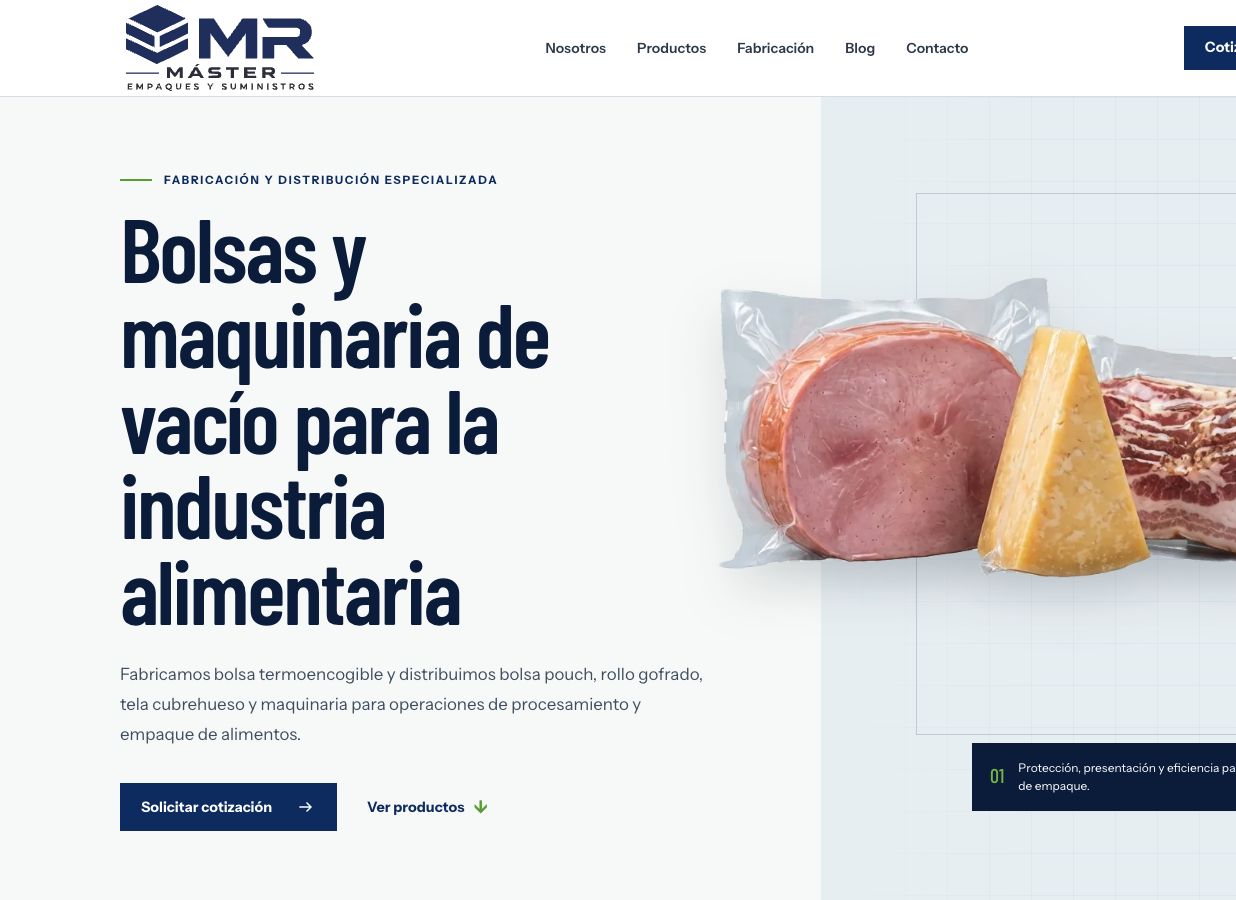 Captura real del sitio web y catálogo de Master Empaques