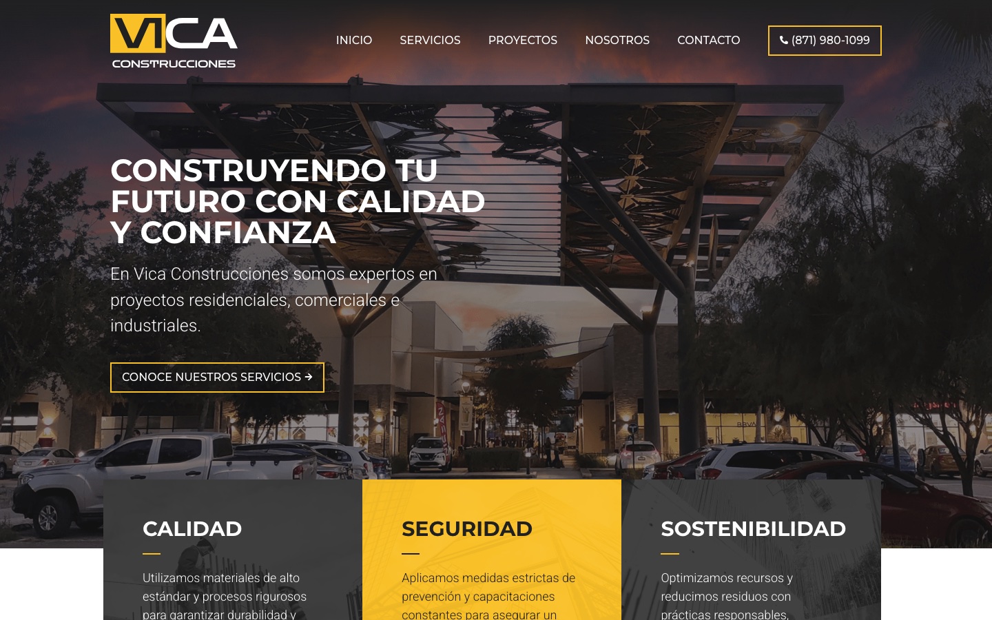 Captura real del sitio web de VICA Construcciones